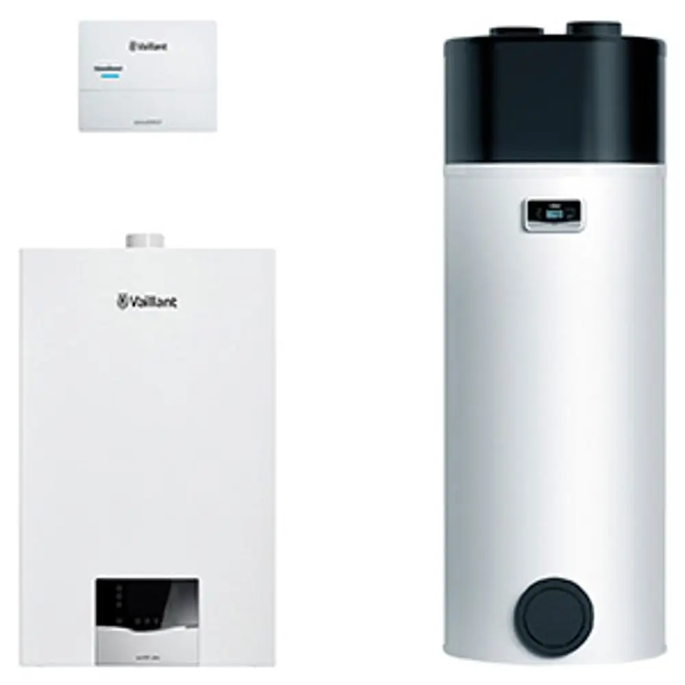 Vaillant Heizungssystem mit einem weißen Kessel, einem Warmwasserspeicher und einem Steuergerät. Komponenten zur effizienten Wärme- und Wasserbereitstellung.
